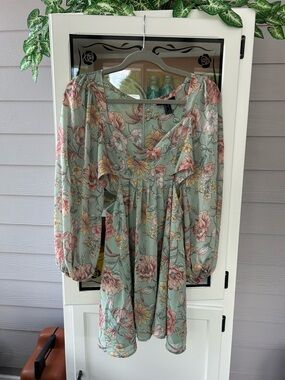 Forever 21 Mint Floral Puff Sleeve Dress